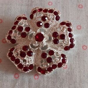 Silver Tone Red Rhinestone Brooch